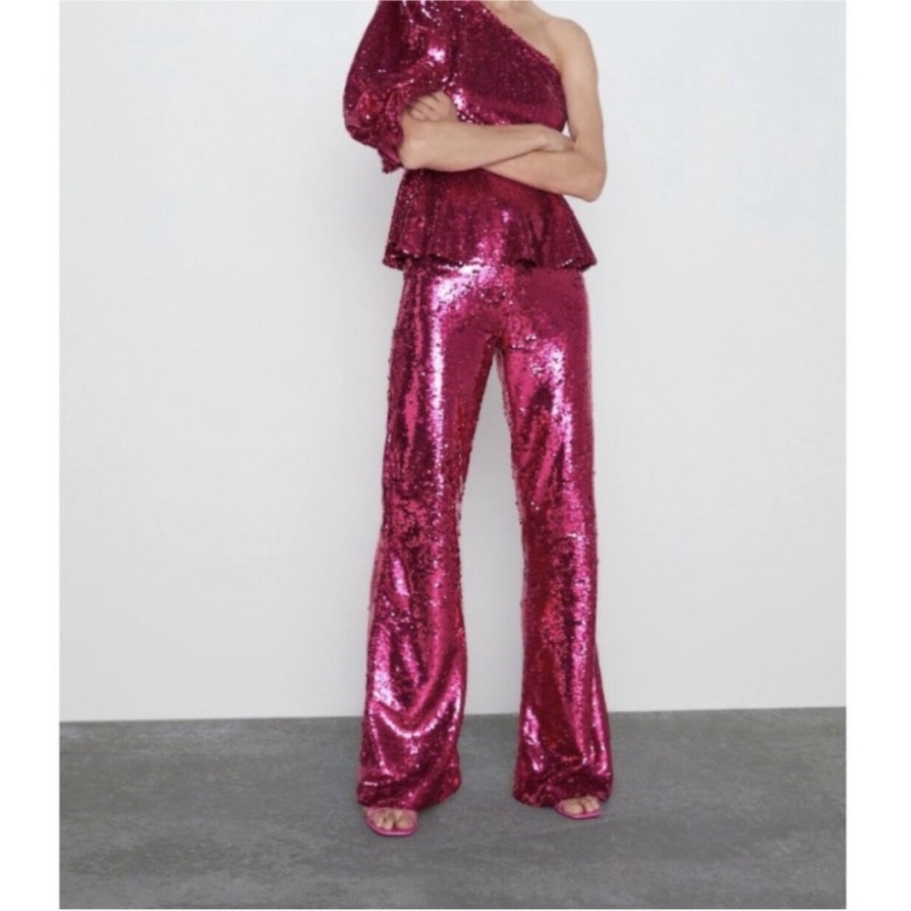 Zara fuchsia sequin flare pants NWT